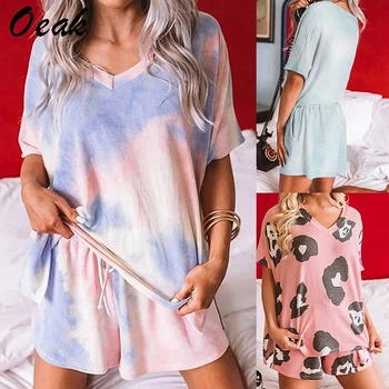 

Oeak Fashion Tie Dye Printed Pajamas Set 2pcs Print T Shirt And Shorts Summer Set Loungewear Nightwear Sleepwear Homewear