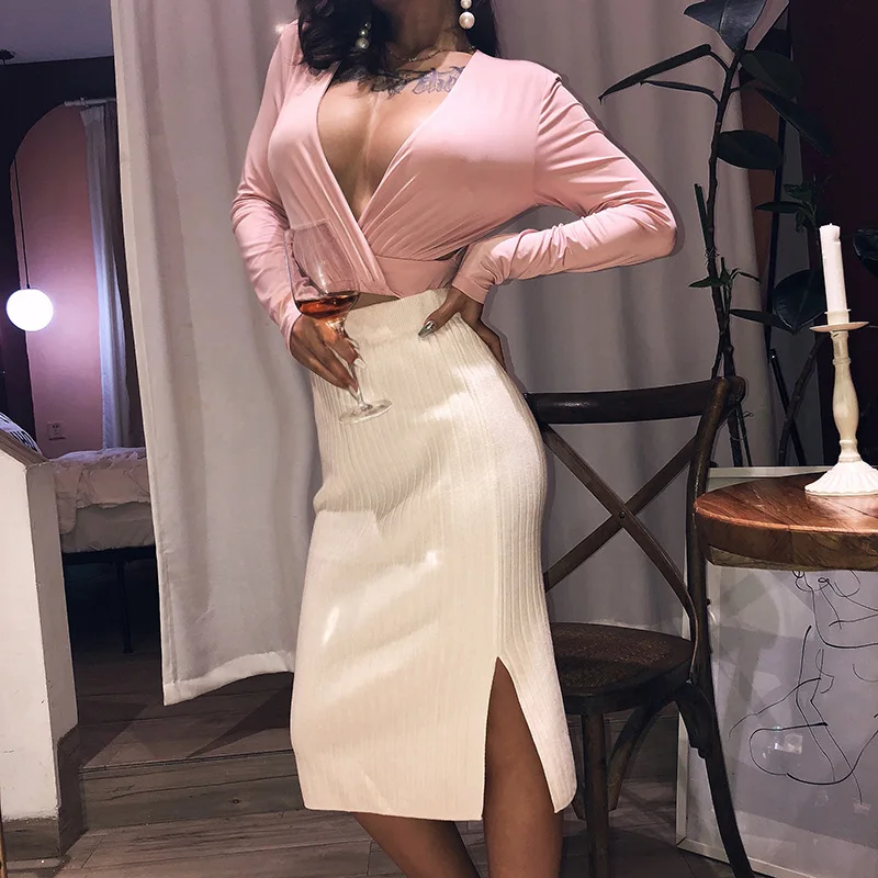

autumn Knitted Side Slit Bodycon Skirt Female 2019 Half-length Skinny Skirt High Waist Elegant Office Casual Skirt