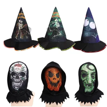 

2019 Pennywise Mask Halloween Witch Hat Skull Set Masquerade Party Stage Show Cloth Headdress Witch Sorcerer Pointer Cap