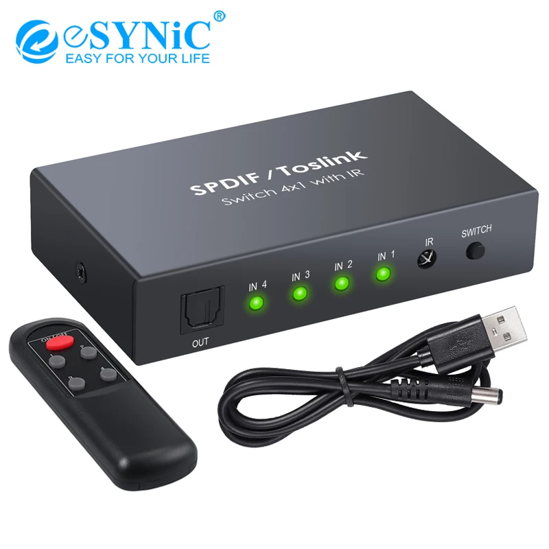 

Digital Optical Audio Switcher 4x1 SPDIF Toslink Switch Box With IR Remote Control & Optical Cable For PS3 PS4 Xbox Player TV