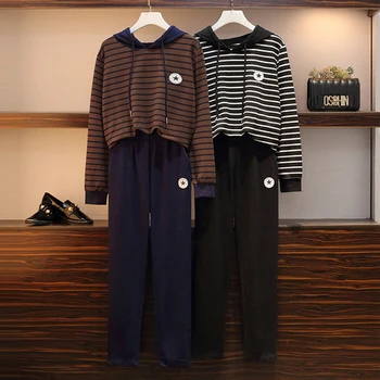 

Plus Size 5xl Striped Hoodies+pants Two Piece Set Clothes For Women Conjunto Feminino Ensemble Femme Survetement Women's Suit