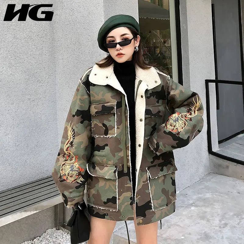 Женская парка с вышивкой в виде дракона HG Europe камуфляжная свободная Толстая