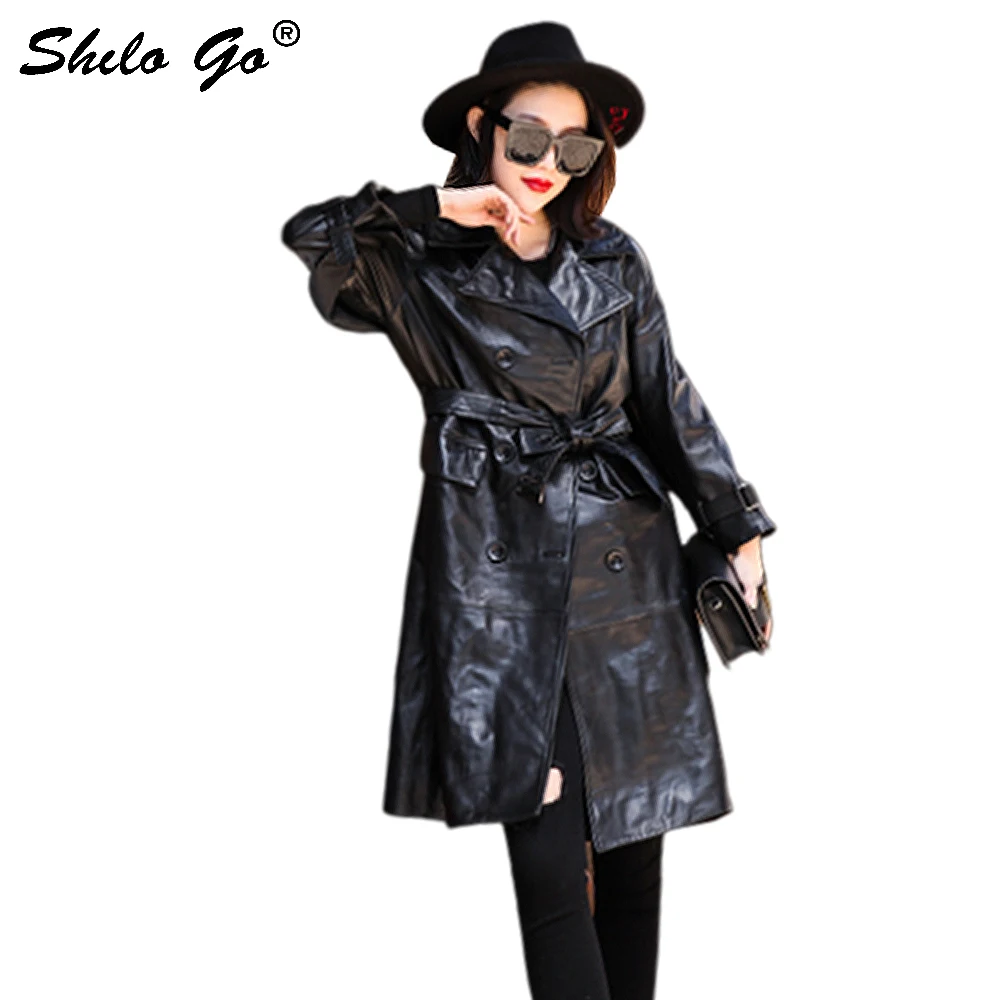 Genuine Leather Trench Office Lady Notched Neck Double Breasted Long Coats Women Autumn Elegant Wrop Belted and Cuff Outwear