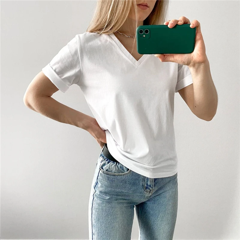 Hirsionsan 100% Cotton Summer T Shirt Women Soft Short Sleeve  V Neck Female Tees Basic Kintwear Tops Harajuku Tshirt for Ladies mens graphic tees