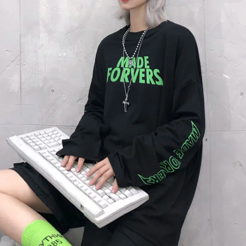 InsGoth уличная Панк Черная Женская футболка с длинными рукавами Harajuku свободная футболка с круглым вырезом и буквенным принтом женский модный топ в стиле хип-хоп