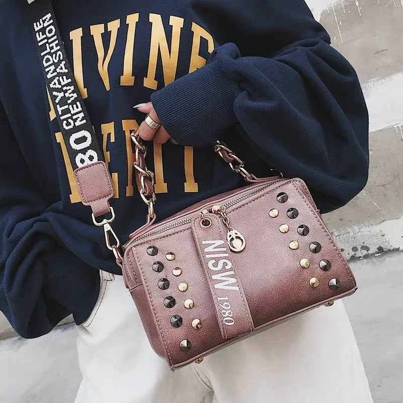 

Women Luxury Leather Handbag Famous Designer ladies Shoulder crossbody bag New girl Retro Rivet Clutch sac main femme square Bag