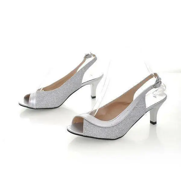 Womens kitten heel peep toe slingback Buckle Sparkle party pumps Sandal shoes 