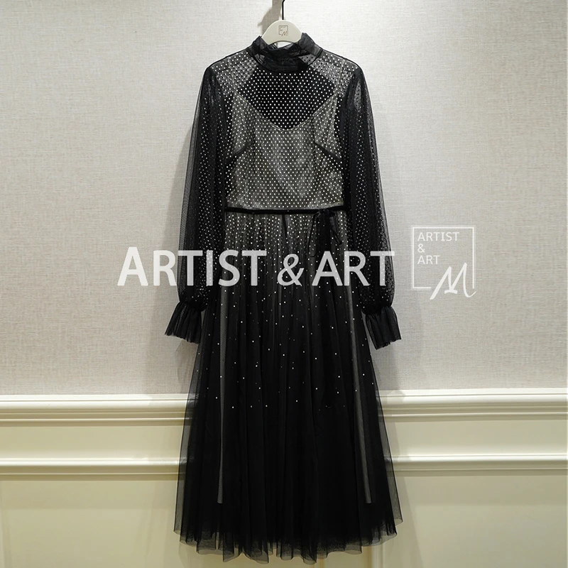 

Svoryxiu Sexy Black Mesh Rhinestone Long Dress Women's Big Bow Collar High-End Custom Summer Party Dresses