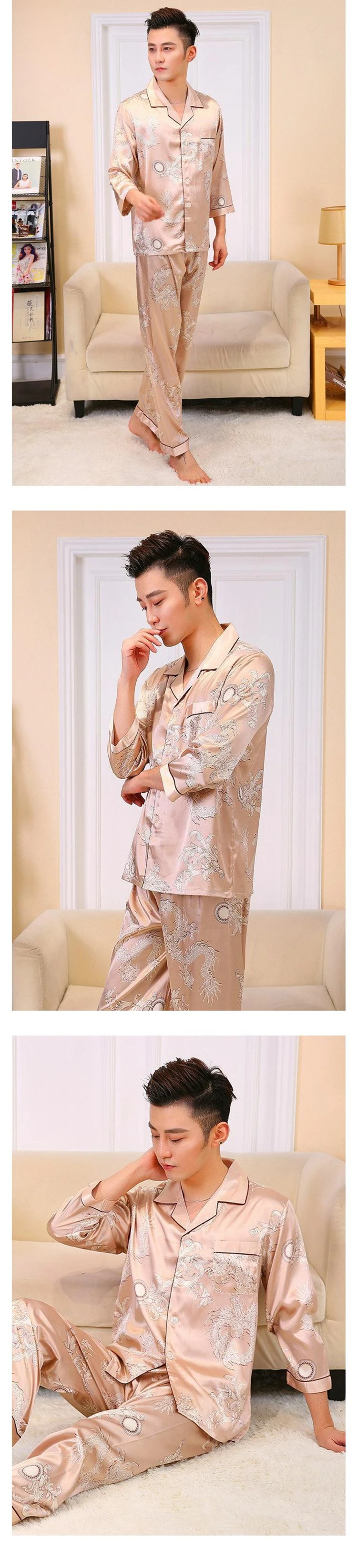 Мужской комплект из 2 предметов: Рубашка с длинными рукавами и штаны, пижамы, повседневная одежда для сна, стильный принт в китайском стиле, пижамный комплект с драконом, халат, L, XL, XXL