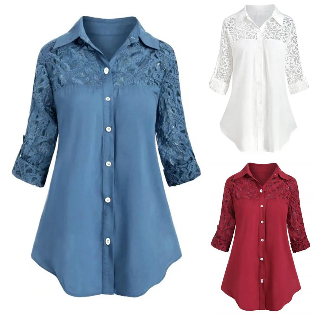 Lace Blouse Women Women Ladies Large Size Button Lace Blusas Turn Down Collar Plus Size Long Sleeve Shirt Blous Ropa Mujer Lace Blouse Women Women Ladies Large Size Button Lace Blusas Turn Down Collar Plus Size Long Sleeve Shirt Blous Ropa Mujer
