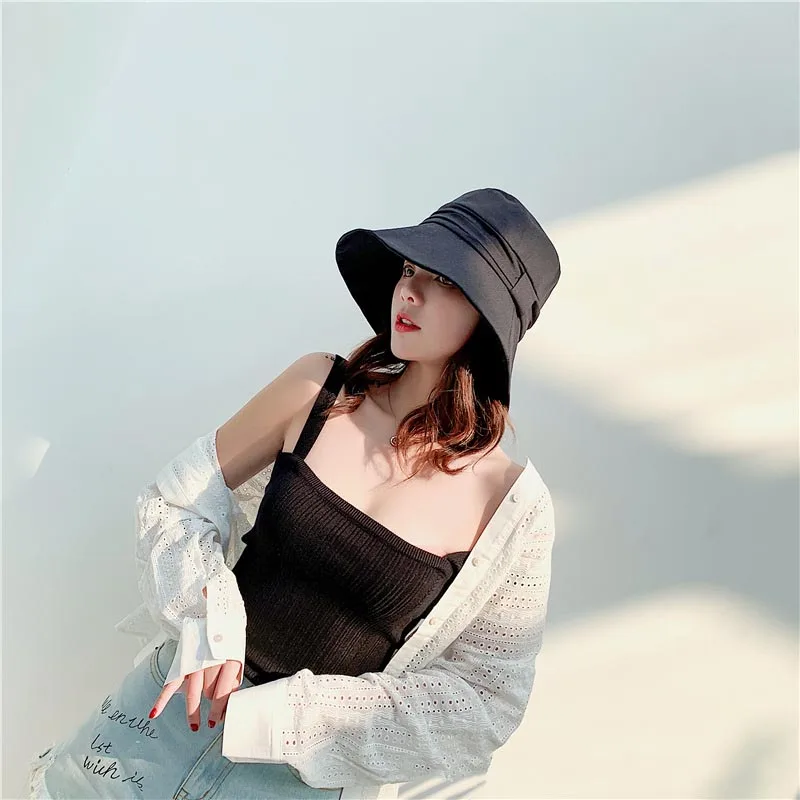 Летняя Солнцезащитная шляпа с защитой от ультрафиолета и широкими полями из хлопка и льна для женщин, Панама для отдыха, складная Панама с большими полями, Корейская пляжная Солнцезащитная шляпа - Цвет: Черный