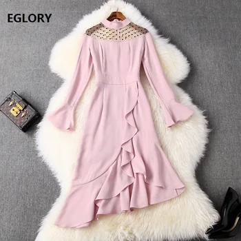

Top Quality New 2020 Spring Summer Party Wedding Ladies Turn-down Collar Sexy Sheer Mesh Patchwork Long Sleeve Pink Lace Dress