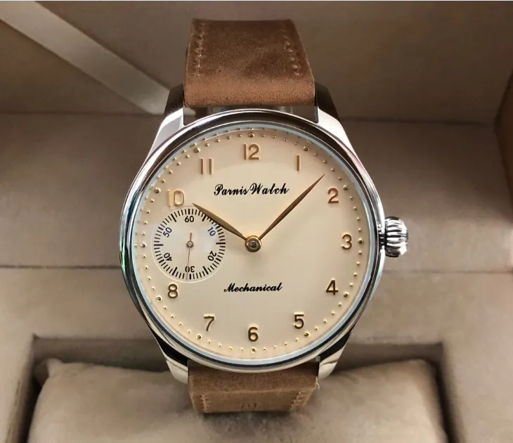 

44mm PARNIS Milk- yellow dial 6497 Mechanical Hand Wind movement High quality pilot men's watch wholesale pa209-p8