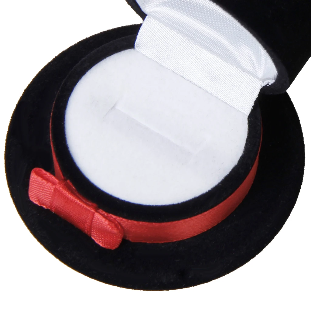 Velvet Black Hat Design Wedding Band Ring Storage Box Jewelry Display Case