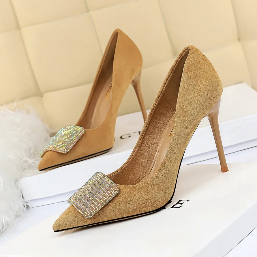 Women 9.5cm High Heels Crystal Buckle Glitter Pumps Lady Wedding Green Yellow Blue Heels Female Scarpins Valentine Shoes