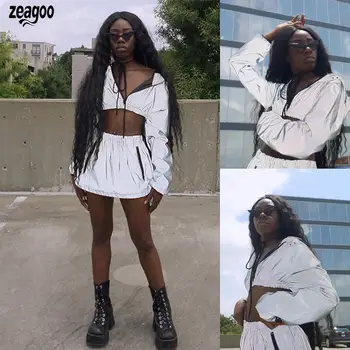 

Women Fashion Solid Reflective Hooded Long Sleeve 1 x Casual Crop Top 1 x Outfits High Waist Mini Zip Skirt 1 x