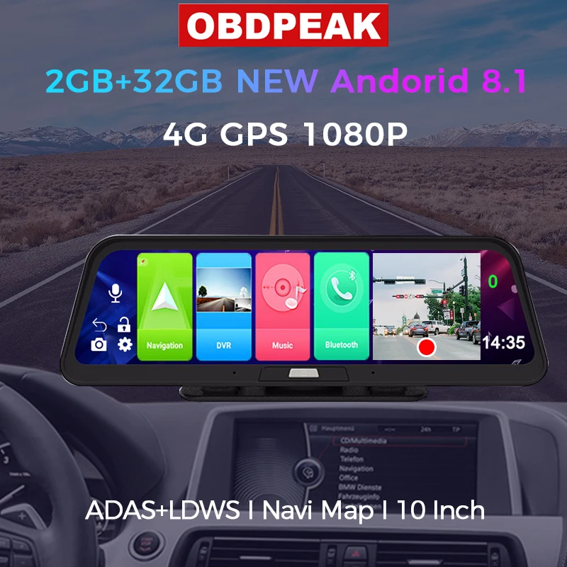 Cámara de salpicadero grabadora de vídeo de 10 pulgadas Android 8,1 ADAS 10 en 1 2GB + 32GB coche DVR espejo de la Cámara 4G WIFI GPS Bluetooth Full HD 1080P
