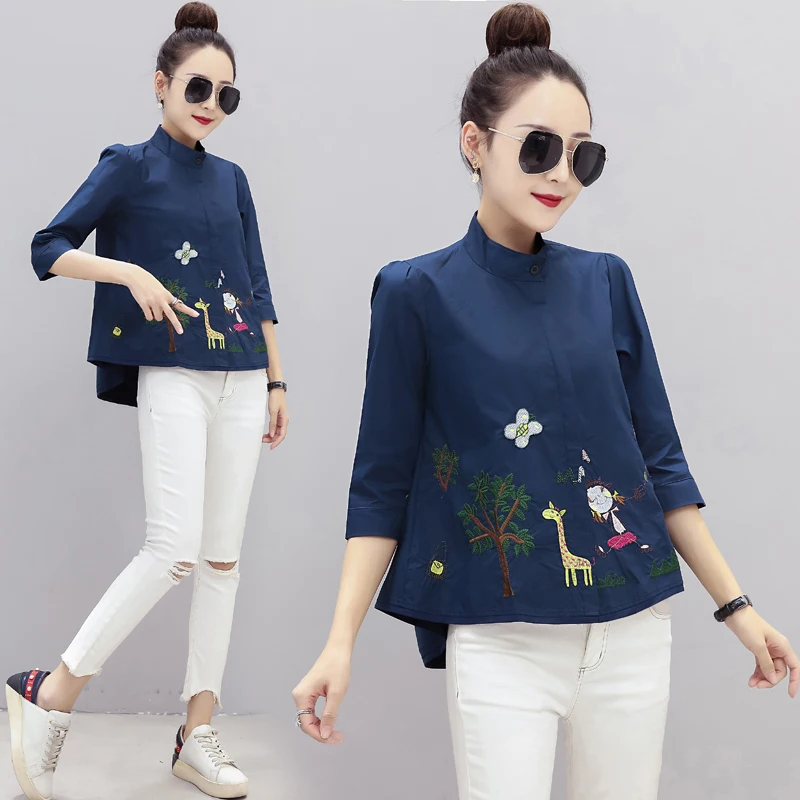 Ladies top Korean spring chiffon shirt wild stand collar seven-point sleeve embroidered A-line doll shirt top