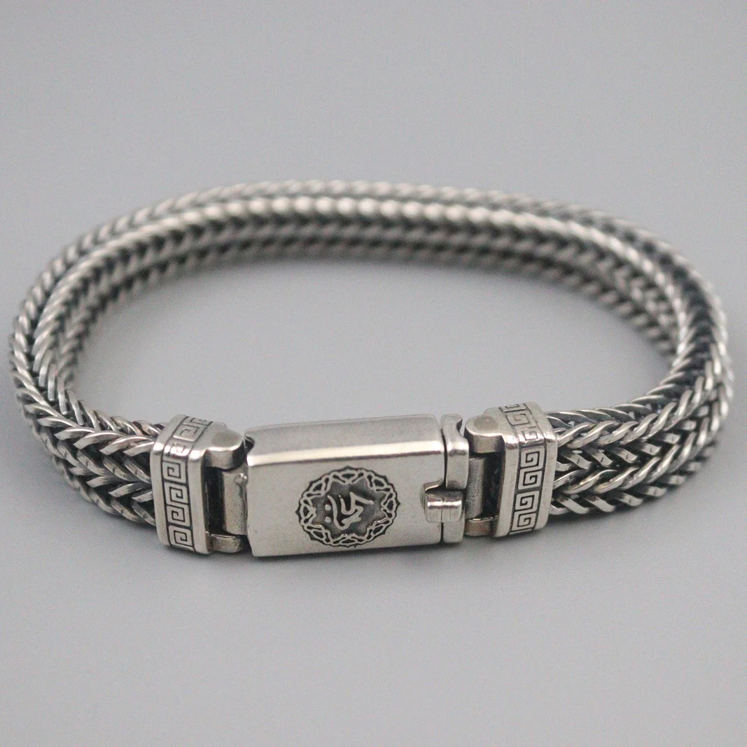 

Fine Pure 925 Sterling Silver Bangle Men 12mmW Double Wheat Figure Link Bracelet 19cm/7.48inch 47-49g