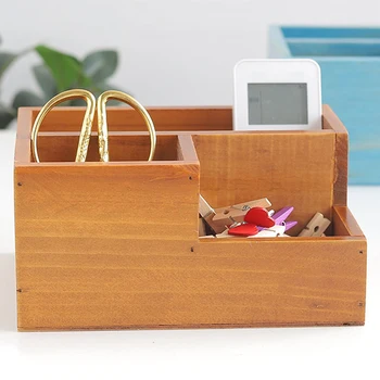 

New Retro Wooden Pen Holder Multifunctional Desktop Storage Box Organizer Creative Office Supplies