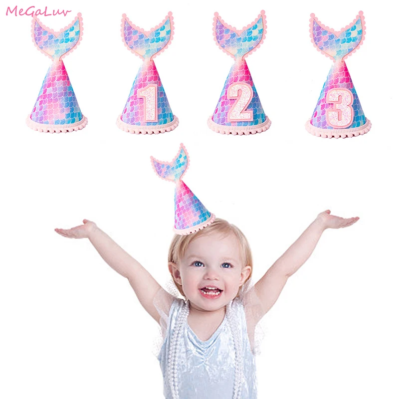 

Cute Baby Shower Rainbow Crown Hat Number 1/2/3 Years Kids Fishtail Caps with Rope 1st Birthday Party Decorations Supplies
