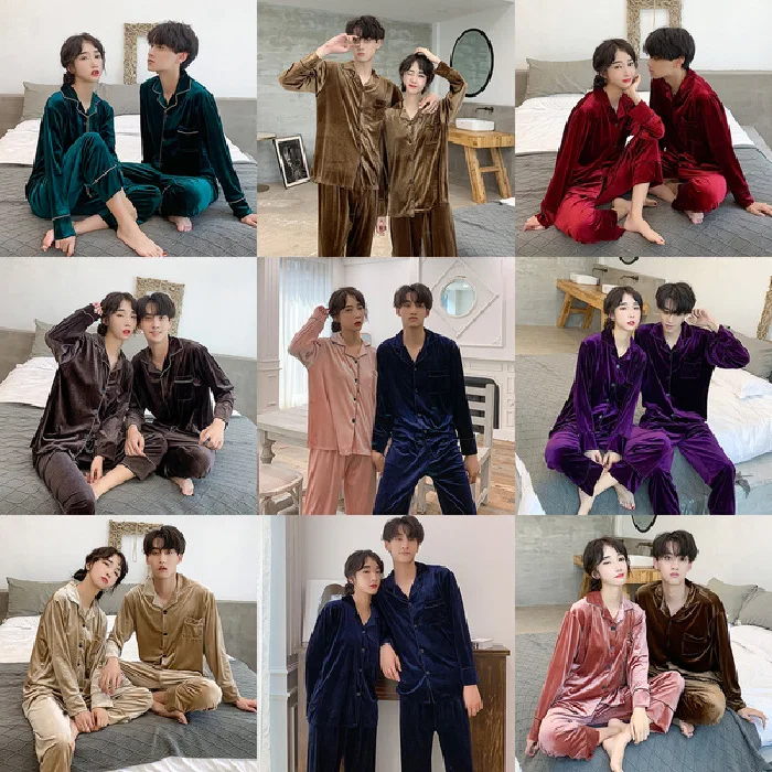 

Autumn & Winter South Korea Gold Velvet Couples Pajamas Men And Women Fold-down Collar Cardigan Tracksuit Winter Gold Velvet Set