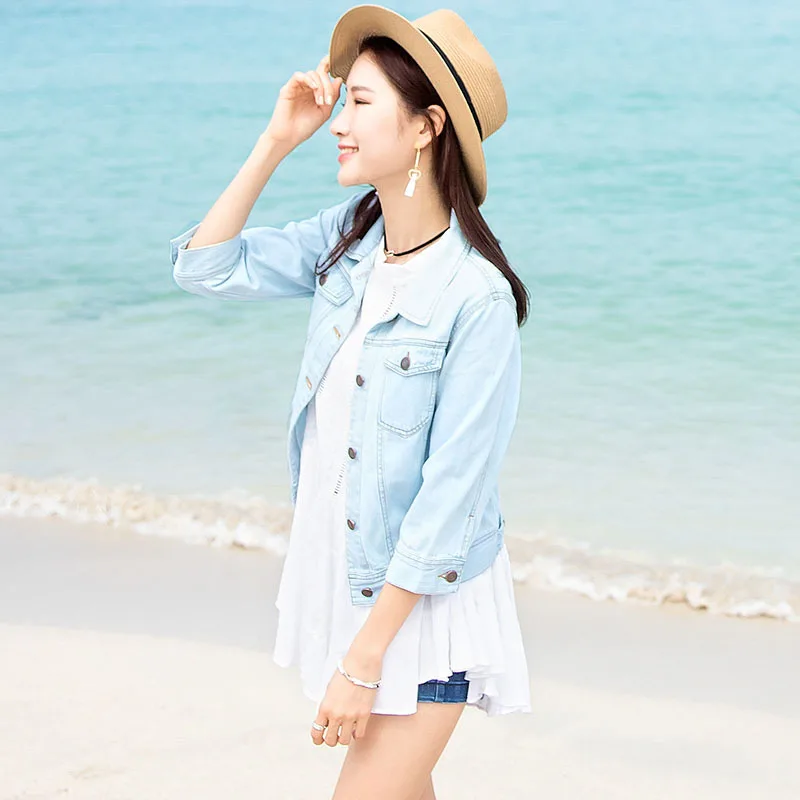 

Summer New Style Thin Jeans Coat WOMEN'S Dress Short Korean-style Three-quarter-length Sleeve Slimming with Holes Students Cowbo