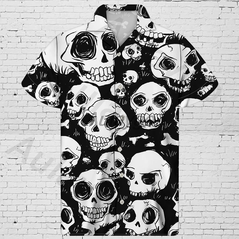 

Cuban Guayabera Camisa Hombre Shirt For Men Gray Skull Printing Hawaiian Fabric Shirts Casual Short Sleeve Plus Size Men Clothes