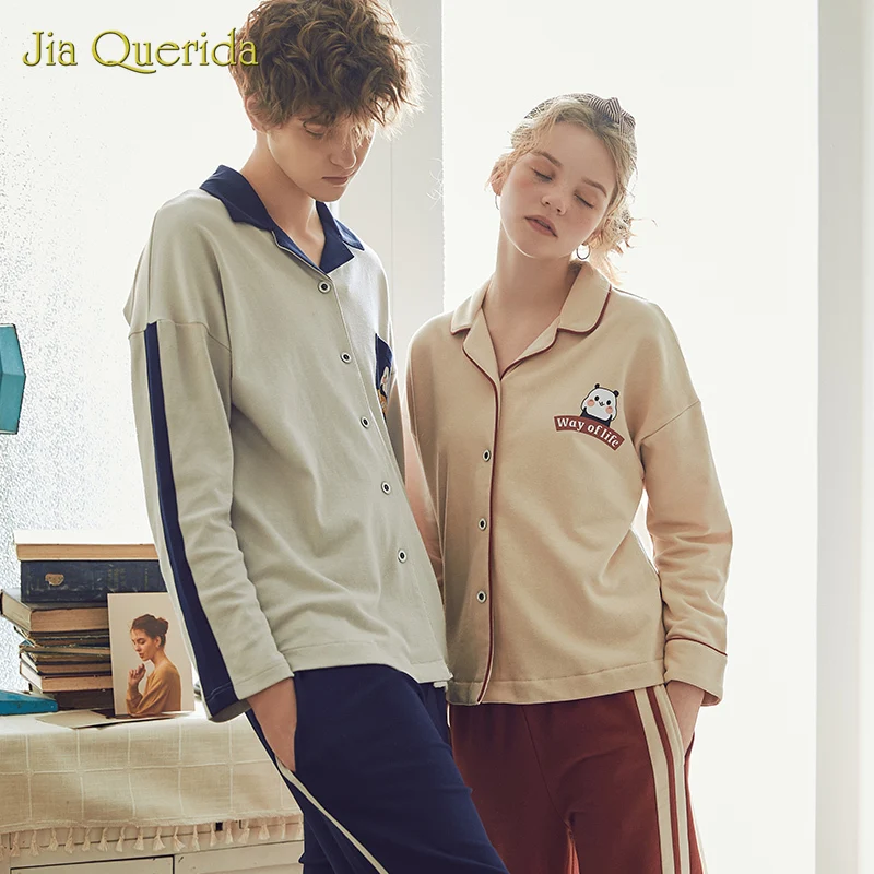 2020 New Homeclothes Turn Down Collar Pajamas for Couple Pajamas Man and Woman Front Pocket Long Sleeve Long Pants Homesuit