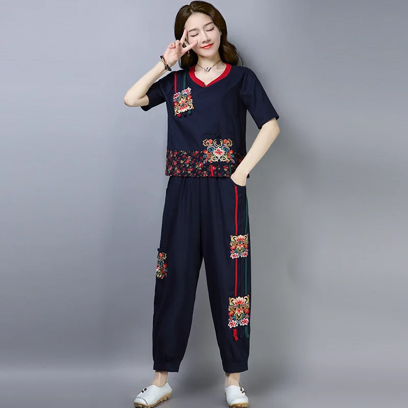 

2019 Spring And Summer New Style Ethnic-Style Cotton Linen Literature And Art Embroidered Joint Loose Tops + Loose Pants Set