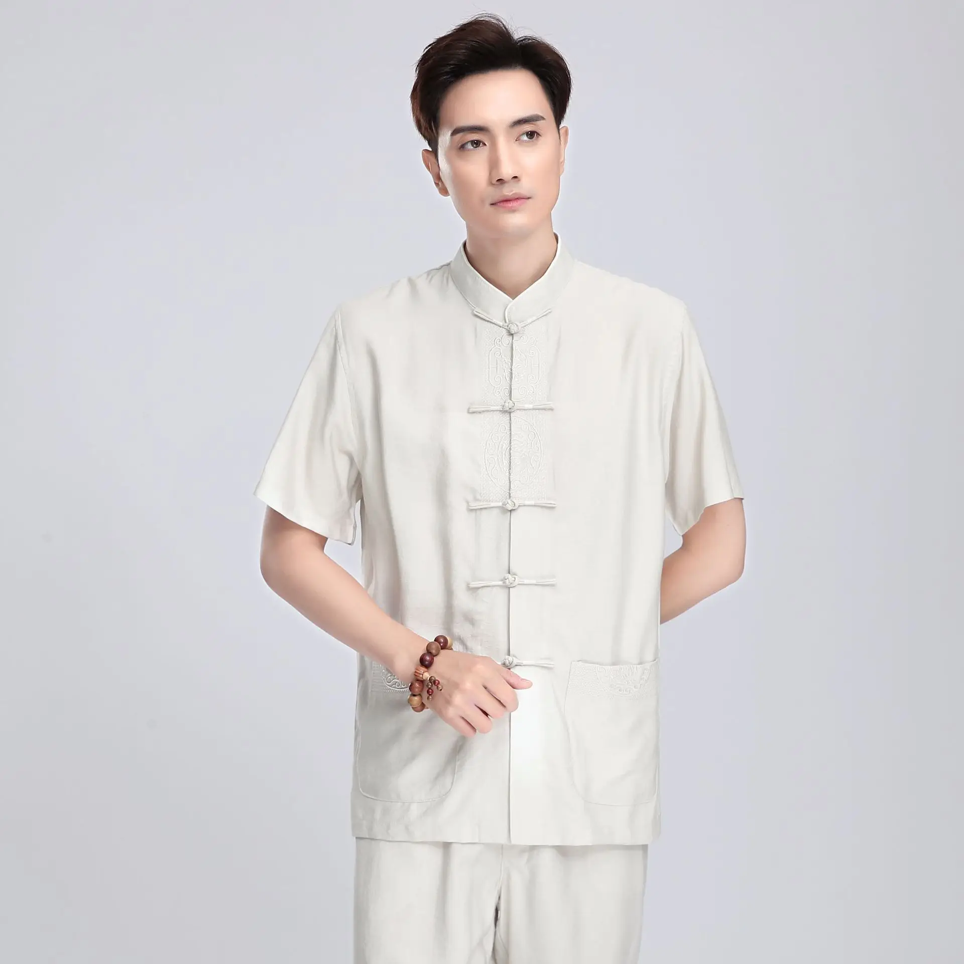 Китайский стиль, китайский стиль, лен, 2815-2, китайский костюм, мужские топы с короткими рукавами, рубашка с короткими рукавами для среднего возраста/комплект