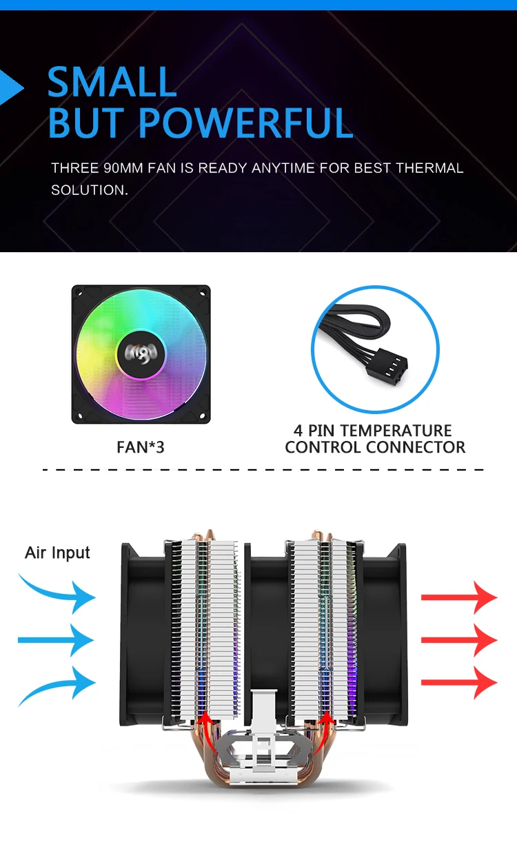 Aigo Gale Torre Dupla Heatpipes Rgb Cpu Cooler pc Radiador de Refrigeração 4pin Pwm 90 mm Ventilador Intel 1150 1155 1156 1366 Am2 Am3 Am4 Amd Ventiladores e resfriadores - Imagem 5