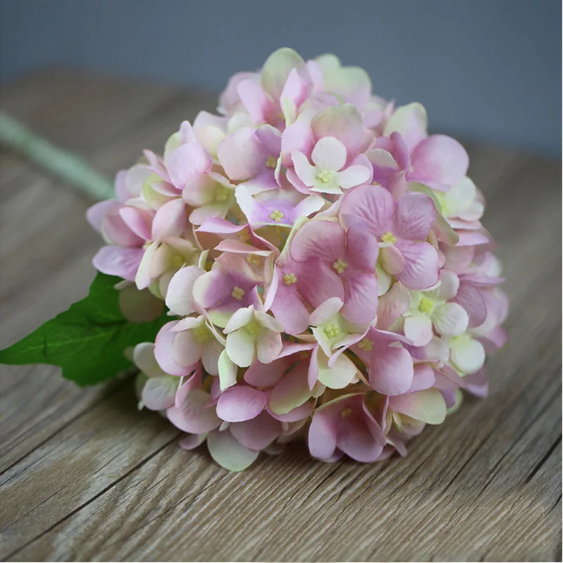 Pink Большая голова искусственная Гортензия цветы ветка Шелковый Искусственный цветок с листьями для DIY магазина домашний сад свадебное украшение искусственный Флор - Цвет: Pink