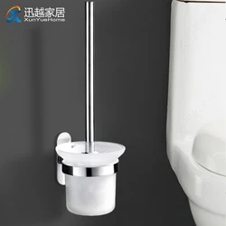 Toilet Brush Holder With Glass Caddy Cup Set Silver Mirror Polish 304 Stainless Steel Punch-Free Wall Shelf Bathroom Clean Tool