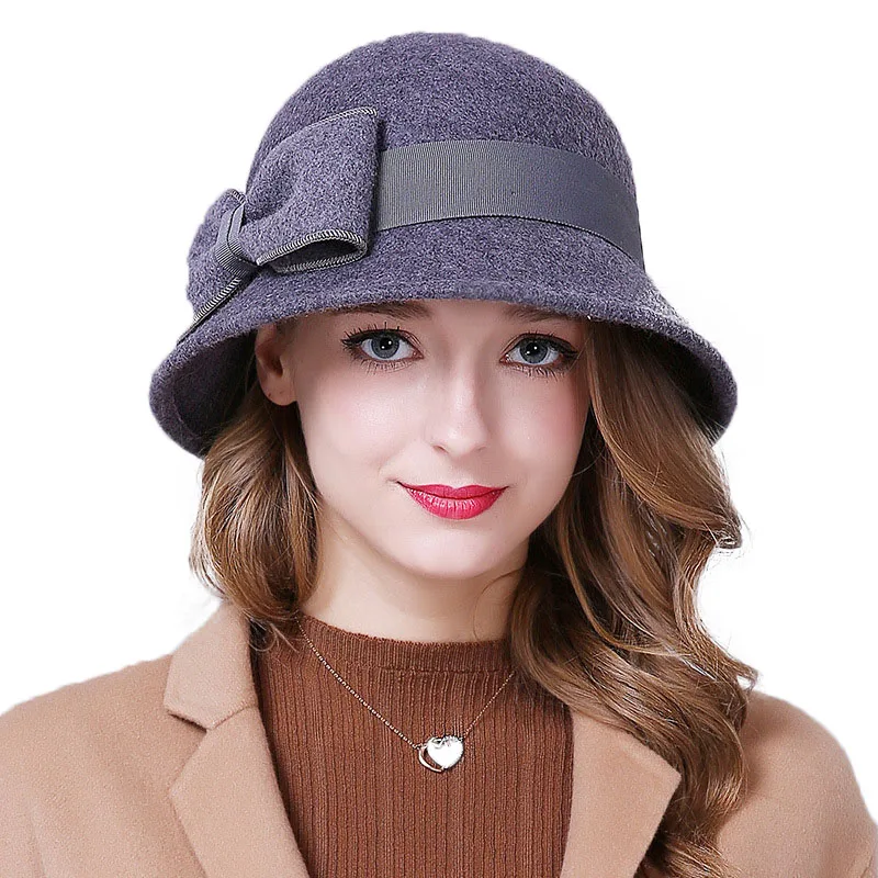 Женская шерстяная Фетровая Шляпа Fedora, женская шляпа с широкими полями, Осень-зима, благородная Европейская американская Элегантная Модная кепка для девочек M35 - Цвет: Серый