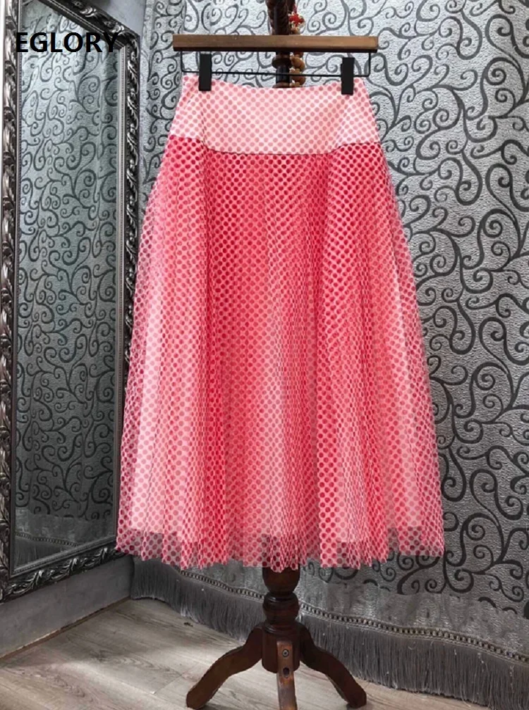 

2020 Autumn Winter Fashion Style Skirts High Quality Women Polka Dot Prints Mid-Calf Length Blue Red Ball Gown Skirts Party Lady