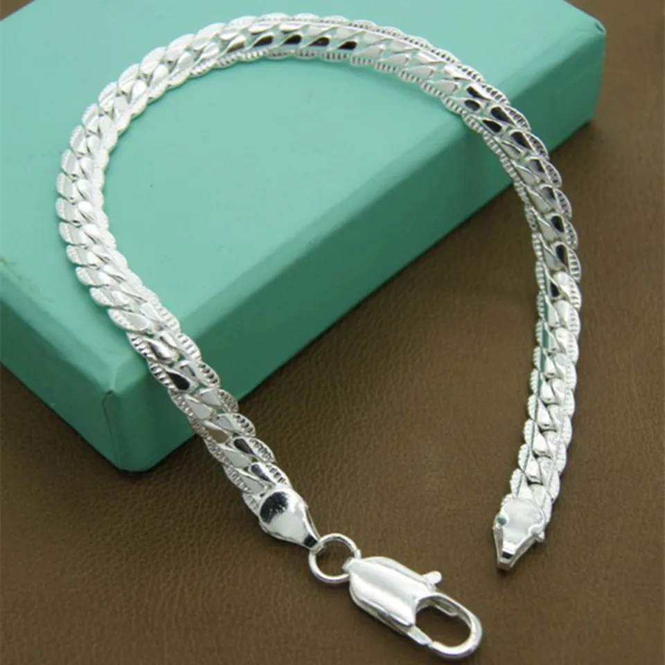 Fashion 925 Sterling Silver Bracelet Unisex 5MM Flat Snake Chain Lobster Clasp Bracelet