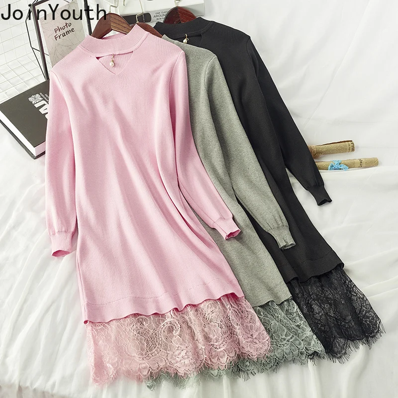 Joinyouth Lace Patchwork Sweater Dress Women Solid Hollow Out Knit Vestidos 2020 Autumn Winter Korean Long Dresses Fashion J352 |