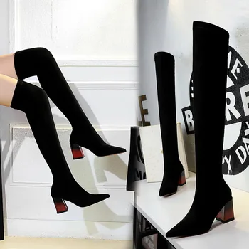 

Yalnn Fashion Simple Thick Heels High Heel Suede Pointed Toe Sexy Over Knee Long Boots Basic Winter Knee-High Woman Long Boots