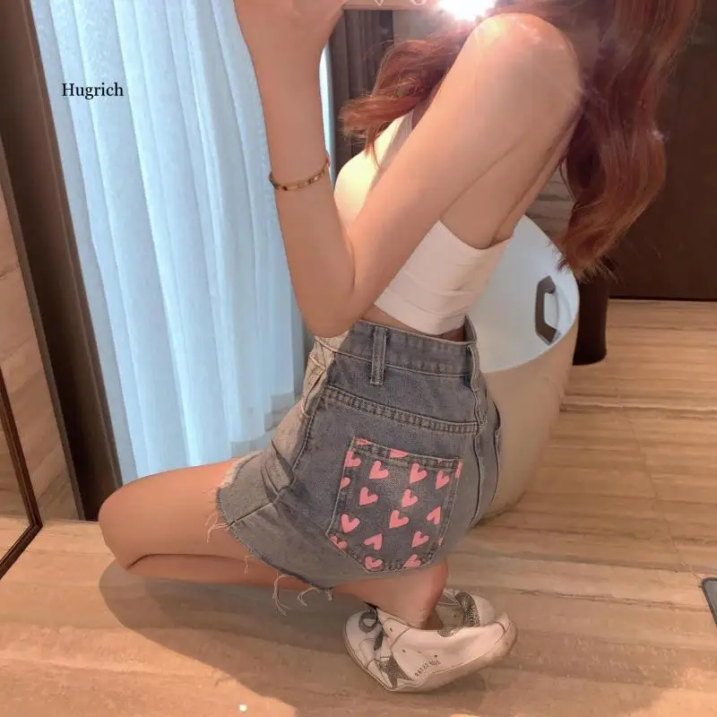 2021 Summer Wide Leg Women's Love Print High Waist Thin Irregular Rough Edge Denim Shorts Fashion