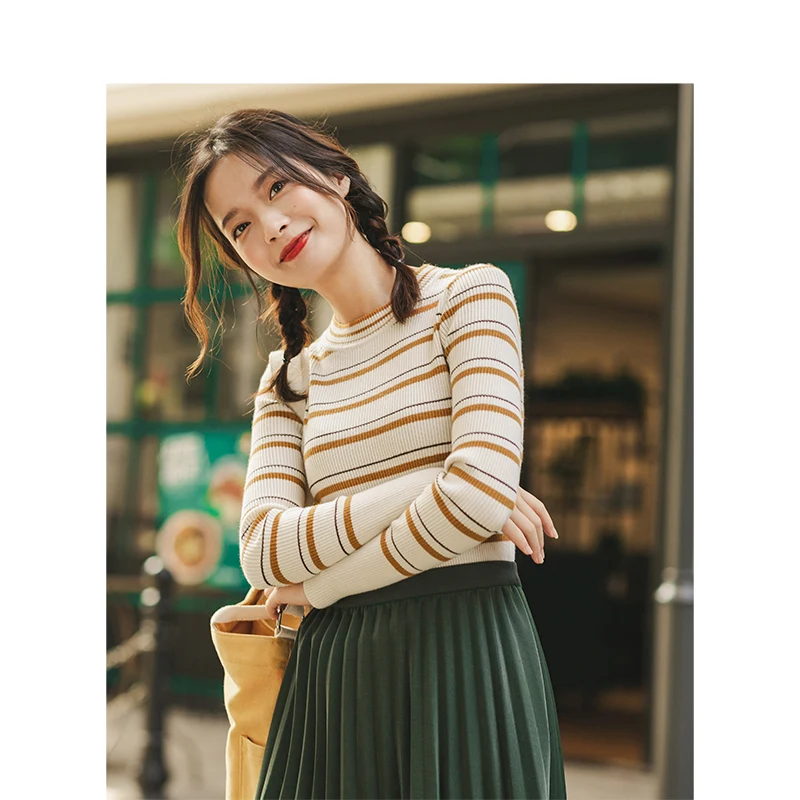 INMAN Winter New Arrival Little O-neck Striped Slim Minimalism All Matched Women Knitted Pullover