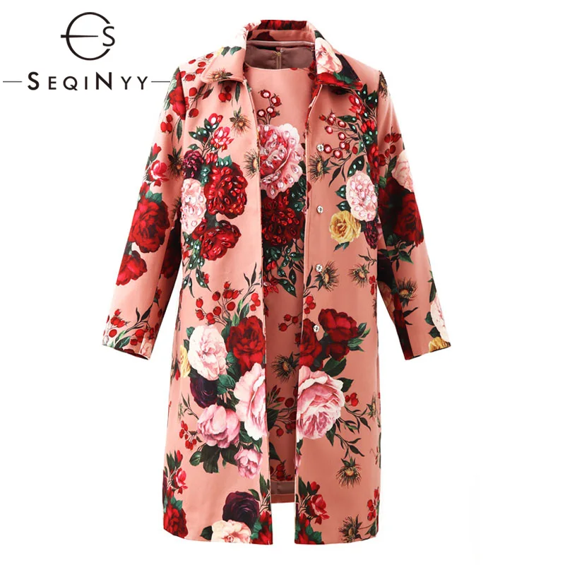 

SEQINYY Pink Set 2020 Autumn Winter New Fashion Design Women Vest mini Dress Long Jacket Luxury Beading Flowers Printed Suit
