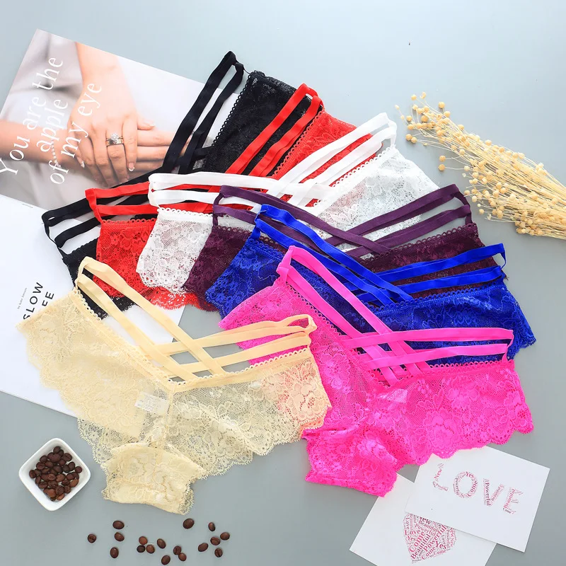 1pcs Women Sexy Panties Lace Solid Sexy Briefs Cross Strap Lace Lingerie Female Underwear Pant Ladies Women G String Thong