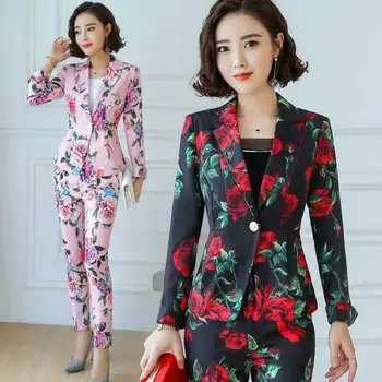 

Women's Lapel Coat Slim Fit Printed Business Office Blazers Jacket Pants Floral Suits G05