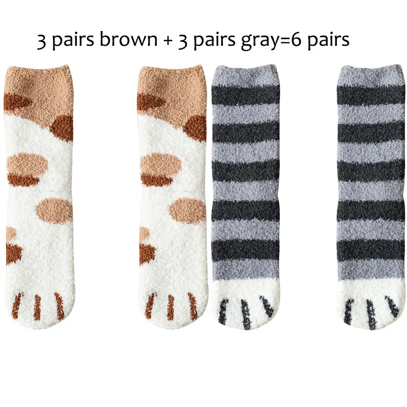 6 пар/лот, новые женские носки для сна с милым рисунком когтей кошки, женские теплые зимние толстые коралловые бархатные носки-Тапочки - Цвет: 3 brown 3 gray
