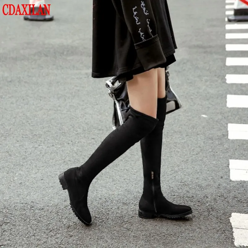 

DAXILAN new to women's Over-the-knee boots stretch fabric suede Mid-heel lace-up sexy thigh boot leopard grain long boot