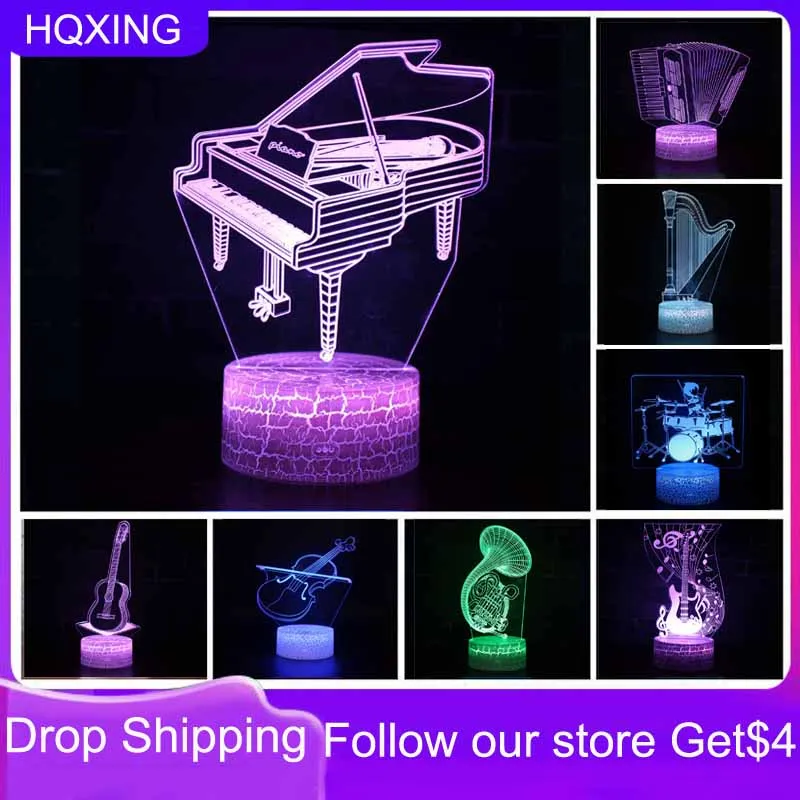 HQXING 3D Illusion Night Light Led USB 7 Colors Musical Instrument Lamp Violin Horn Piano Guitar Lamps Kids Gifts | Освещение