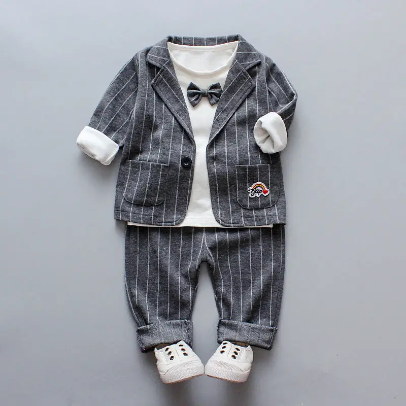Kids Party Clothing Set Spring Autumn Bow Shirt+Plaid Coat+pants 3pcs Baby Boys Gentleman Clothes For 1-2-3-4Y - Цвет: picture color