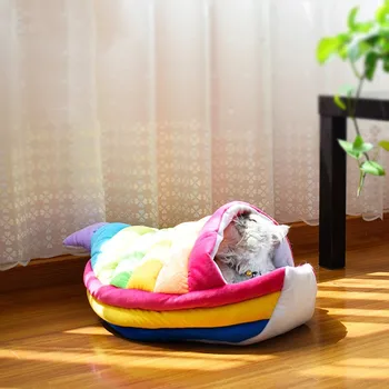 

Rainbows Cat Nest Dog Beds Winter Warm Pet Heated Mat Plush Dog Bed Cute Soft Warm Cat House Washable Puppy Kennel Cave Bed