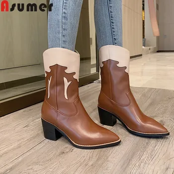 

ASUMER size 34-40 fashion genuine leather boots women pointed toe slip on ladies ankle boots high heels autumn winter boots